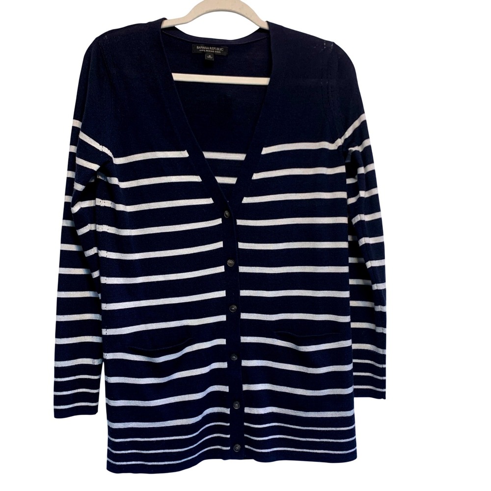 Banana Republic Merino Wool Cardigan Womens S Nautical Striped Longline Sweater
